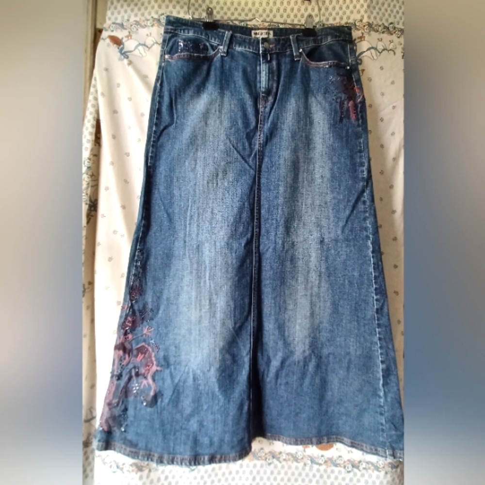 MANGO JEANS Denim Maxi Skirt with Embroidered Detail - Blue